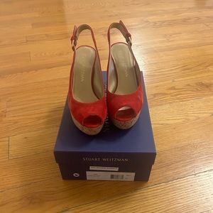 Stuart Weitzman red suede wedge sandals